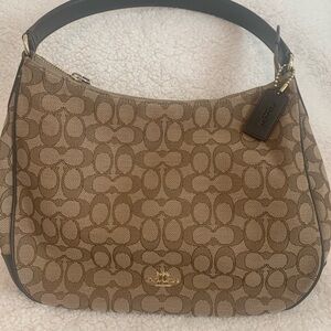 Coach Brown Signature Canvas Hobo with Dark Brown Trim